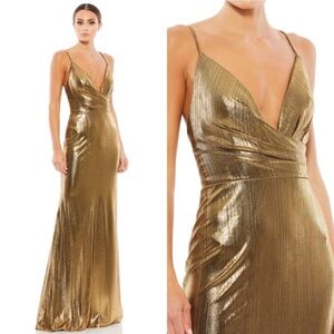 Mac Duggal Bronze Metallic Faux Wrap Spaghetti Strap Gown Size 10 26408
